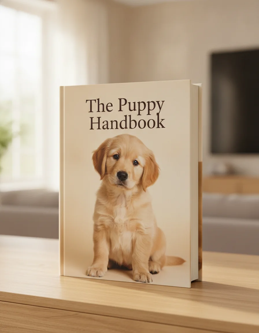 The Puppy Handbook, a hardcover book with a golden retriever puppy portrait on the cover, standing on a wooden sideboard in a bright living room